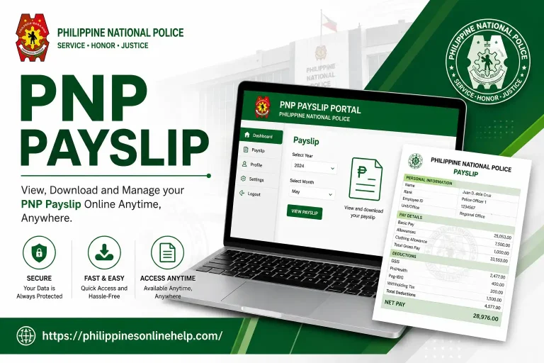 Alternative Text): PNP Payslip online portal interface displayed on a laptop screen alongside a sample Philippine National Police payslip breakdown document.