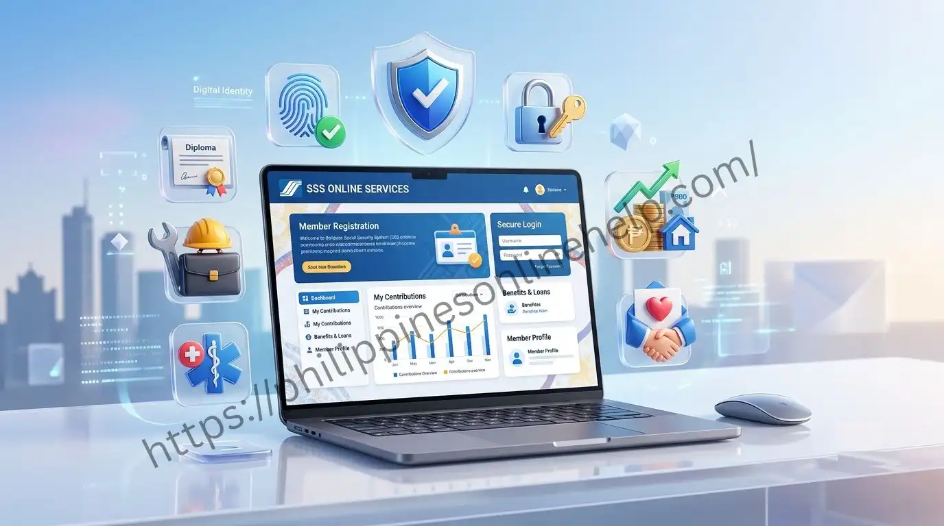 A Filipino professional using the SSS online portal for registration, login, and managing Social Security benefits.