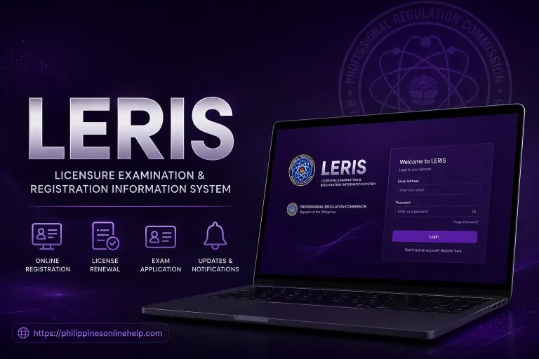 LERIS (Licensure Examination and Registration Information System) login page with online registration, PRC license renewal, exam application, and notifications dashboard in the Philippines.