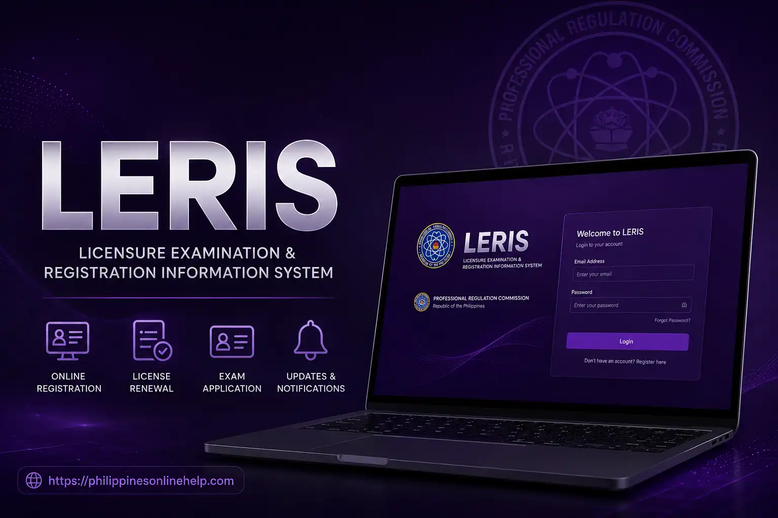 LERIS (Licensure Examination and Registration Information System) login page with online registration, PRC license renewal, exam application, and notifications dashboard in the Philippines.