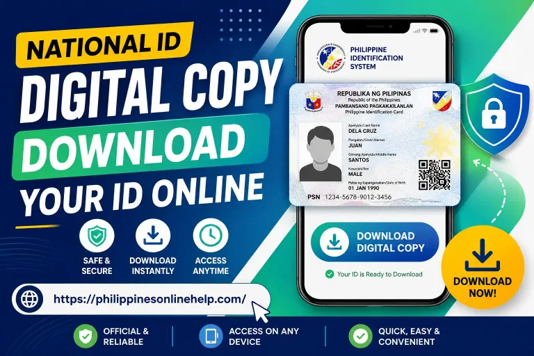 Philippine National ID digital copy download guide showing PhilSys digital card on smartphone screen with download link.