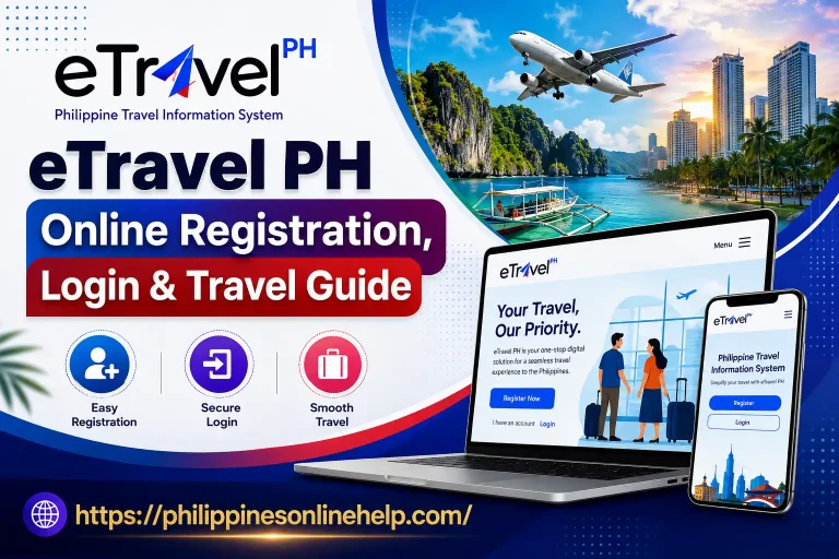 eTravel PH online registration, login portal, and Philippine travel information system guide on laptop and mobile screens.
